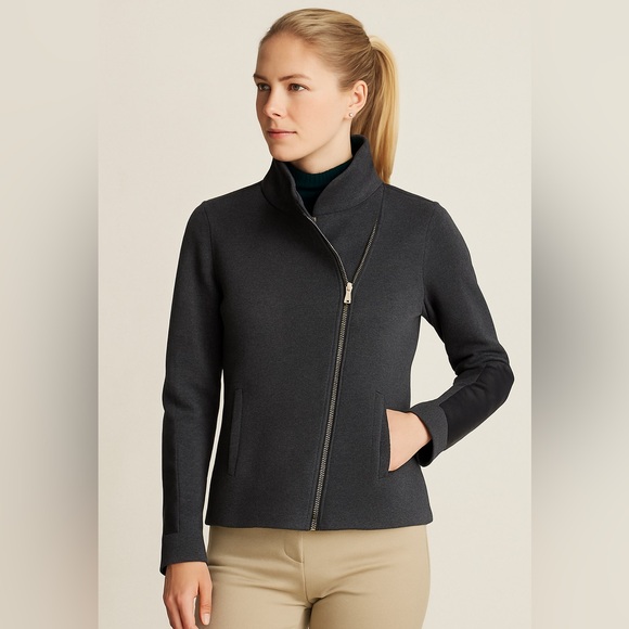 Lauren Ralph Lauren Gray Zip-Up Sweater Jacket w/ Faux Leather Elbow Patches - Picture 1 of 10
